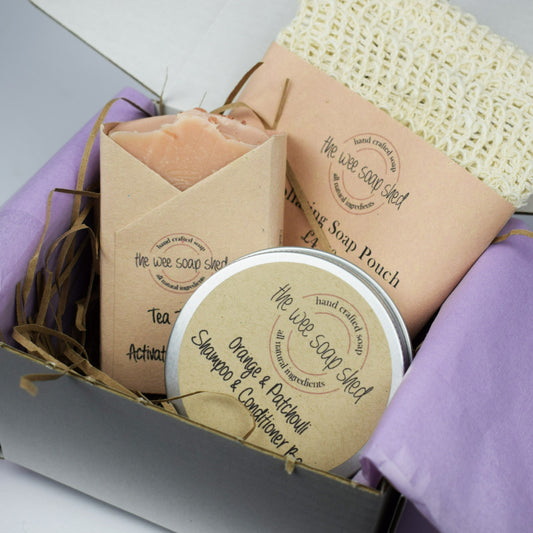 Gift Set with sisal exfoliating soap pouch, natural hand made soap and shampoo and conditioner bar.
